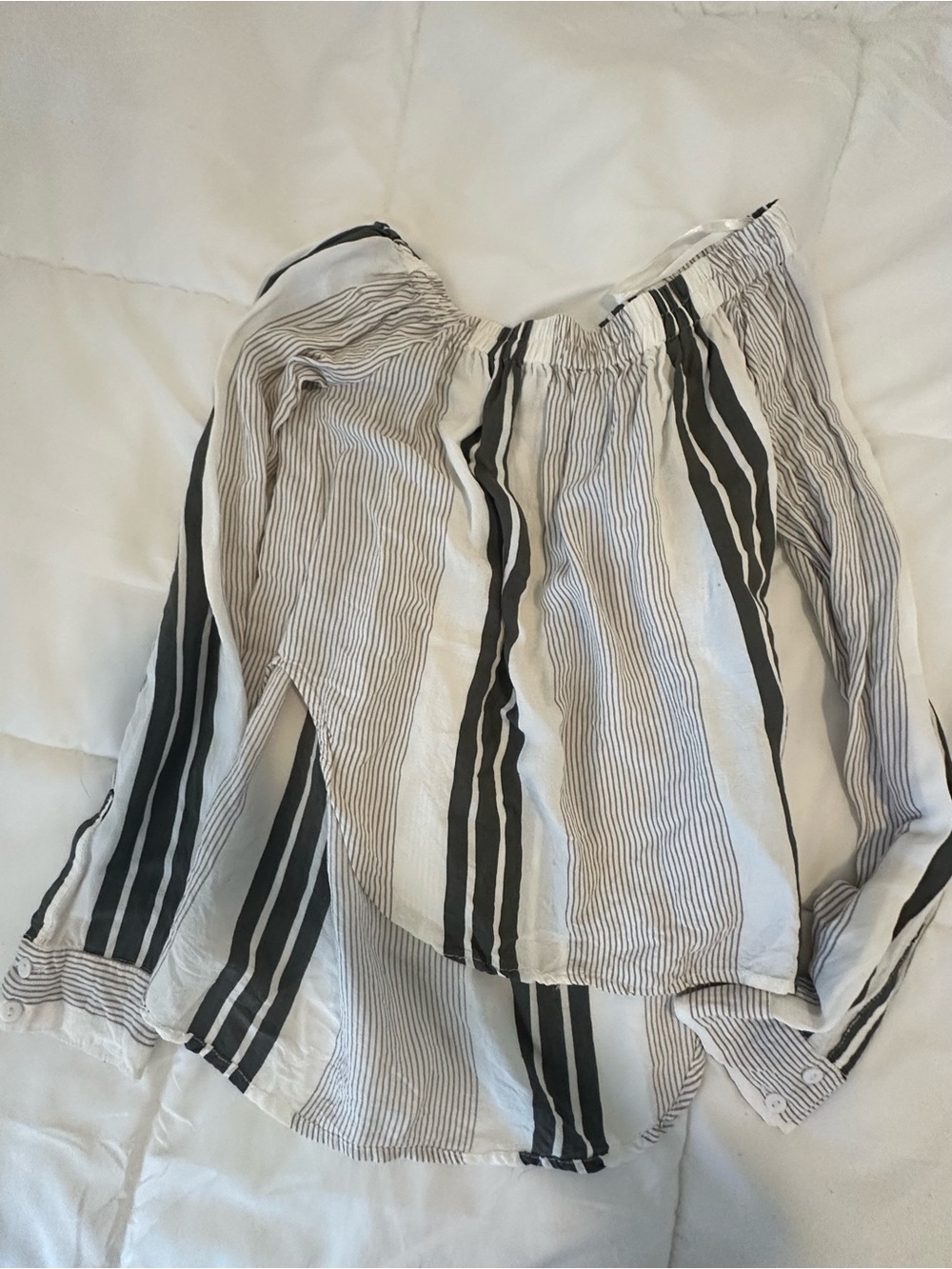 Faithfull the Brand Black and White Striped Off-Shoulder Blouse